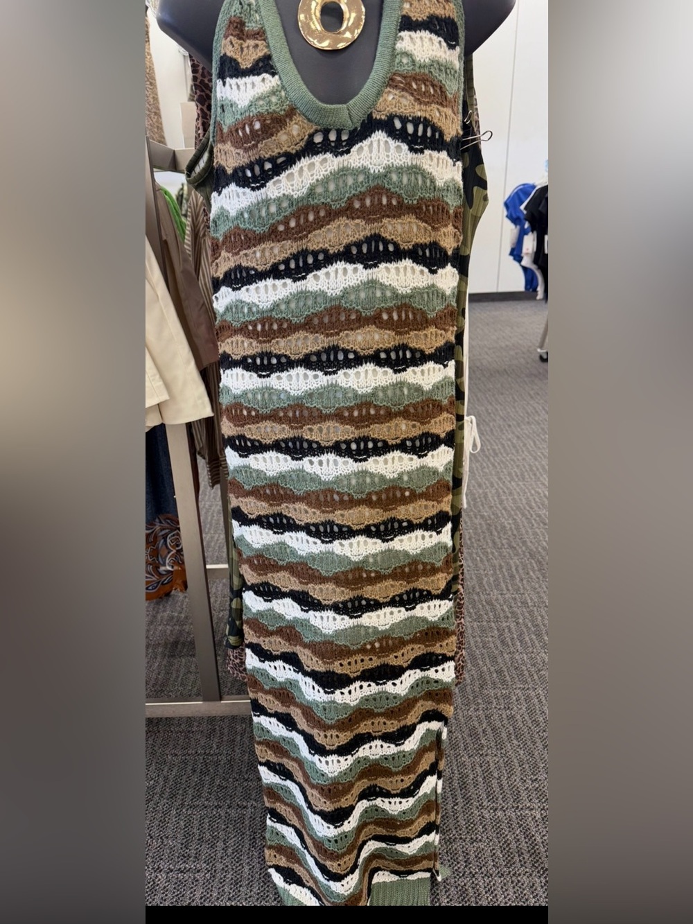 Decorative Striped Crochet Throw in Brown, Green, Black & White